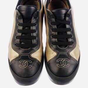CHANEL Black & Gold Leather Lace-Up Sneakers